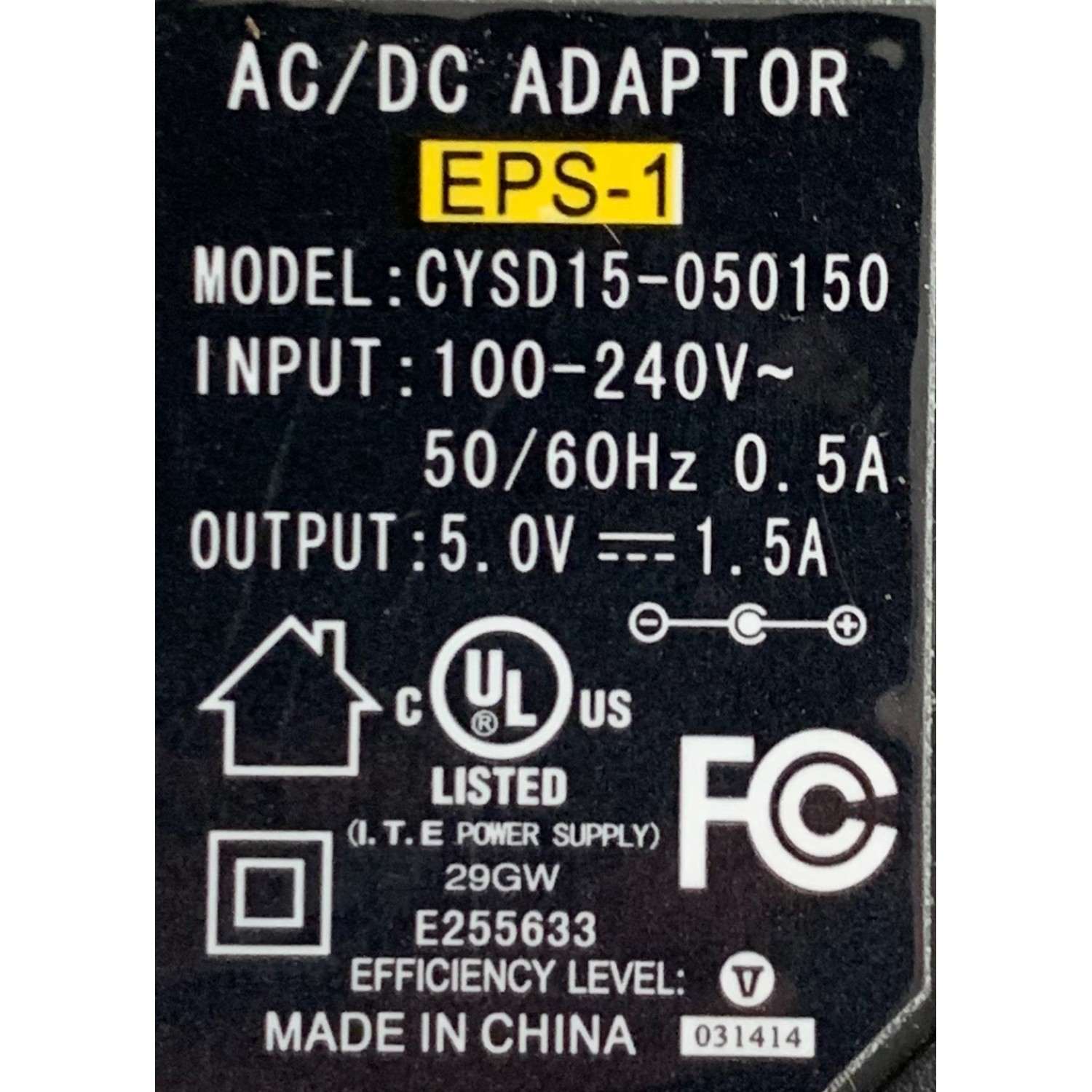 CARGADOR / ADAPTADOR DE FUENTE DE ALIMENTACION AC/DC ADAPTOR / VCA-VCD / NUMERO DE PARTE CYSD15-050150 / EPS-1 / ENTRADA VCA 100-240~ 50/60HZ 0.5A / SALIDA VCD 5.0V 1.5A / MODELO CYSD15-050150 - Imagen 3